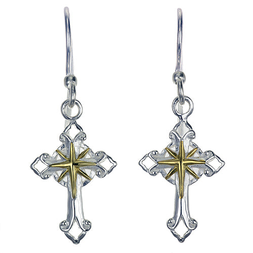 Fleur de Lis Cross Earrings | High-Polish Sterling Silver with Gold-Plated Compass Center