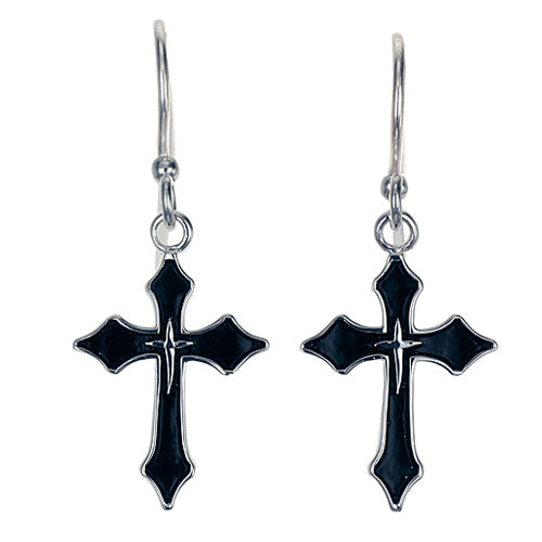 Black Enamel Gothic Cross Drop Earrings | Sterling Silver | Wire Hook