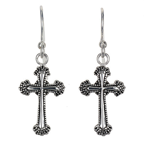 Ornate Cross Drop Earrings | Oxidized Sterling Silver | Wire Hook