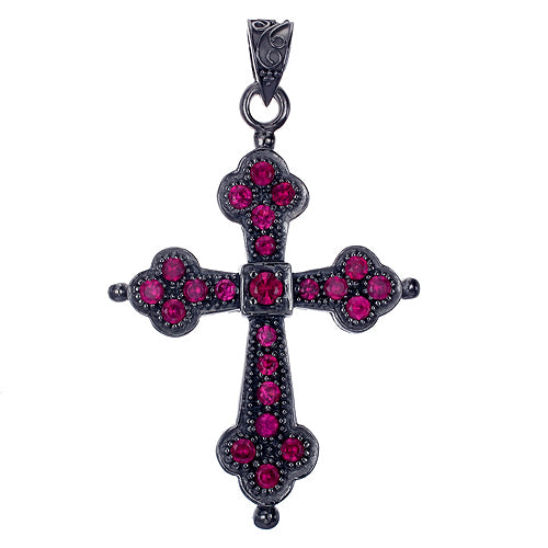 Large Gothic Cross Black Rhodium with Dark Red Stones