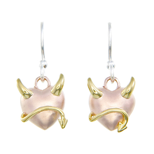 Rose Gold Devil Heart Earrings | Sterling Silver with Sand Finish & Yellow Gold Plating