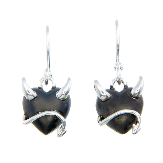 Black Rhodium Devil Heart Earrings | Polished Silver & Sand Finish