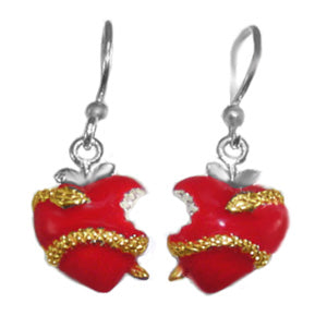 Original Sin Earrings | Bitten Red Heart with Gold-Plated Serpent | French Hook