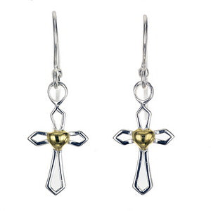 Open Frame Silver Cross Earrings with Gold Heart