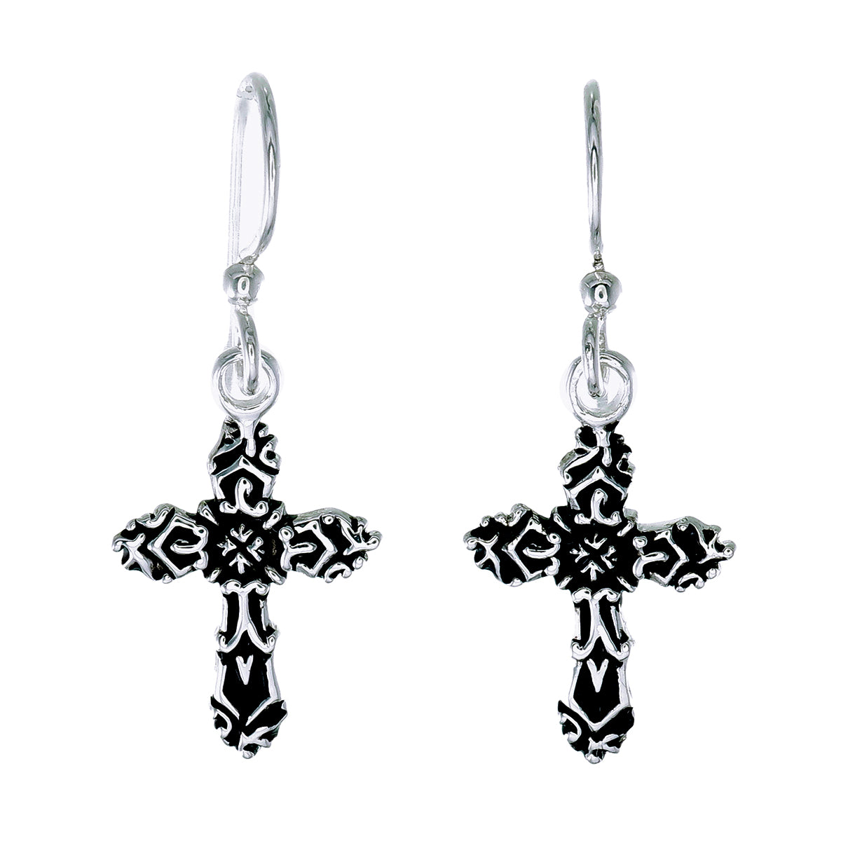 Gothic Filigree Cross Drop Earrings | Oxidized Sterling Silver | Wire Hook