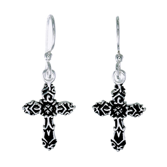 Gothic Filigree Cross Drop Earrings | Oxidized Sterling Silver | Wire Hook