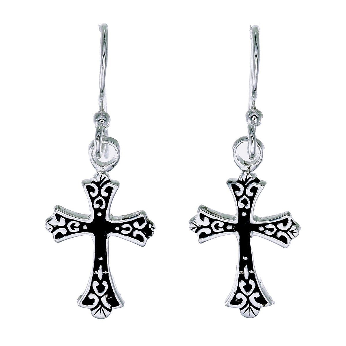 Gothic Cross Drop Earrings | Oxidized Sterling Silver | Scrollwork Detail | Wire Hook