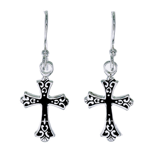 Gothic Cross Drop Earrings | Oxidized Sterling Silver | Scrollwork Detail | Wire Hook