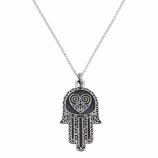 Sterling Silver Hamsa Heart Talisman Pendant | Protection & Love Symbol