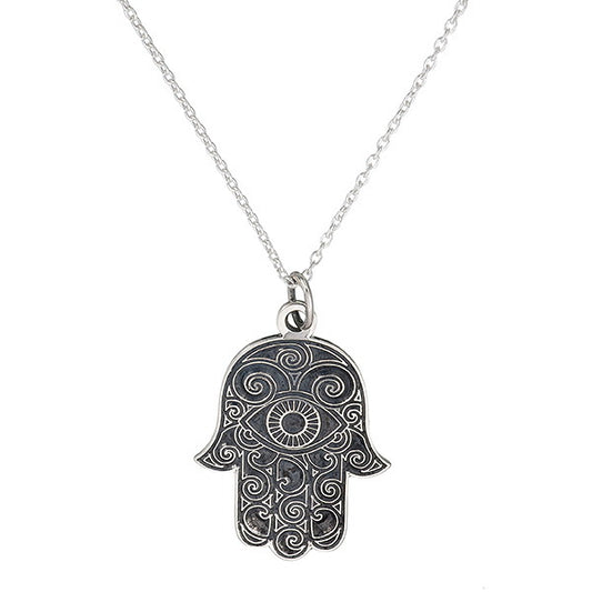 Sterling Silver Hamsa Pendant | All-Seeing Eye on Bold Patterned Black Background