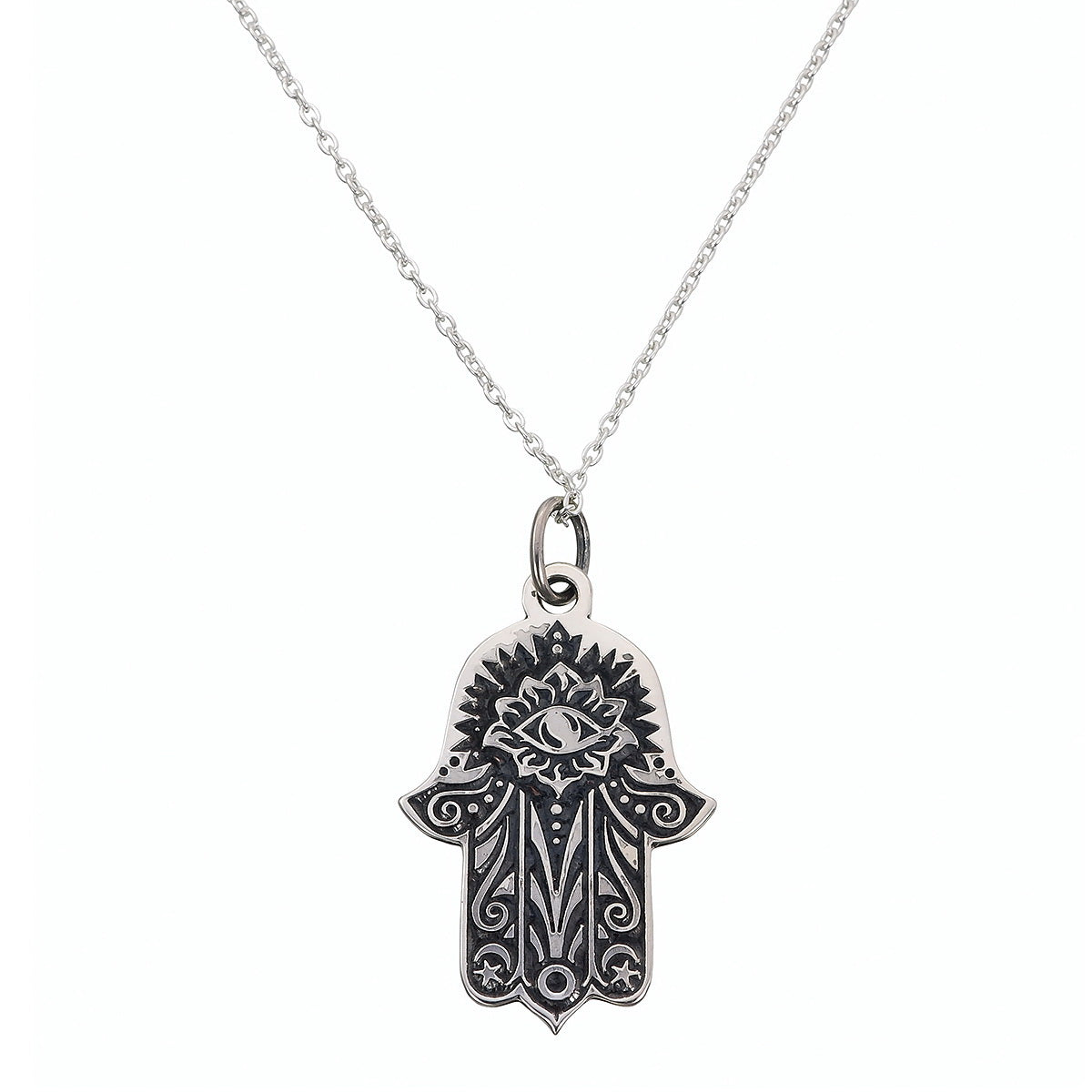 Oxidized Sterling Silver Hamsa Pendant | All-Seeing Eye in Lotus Design