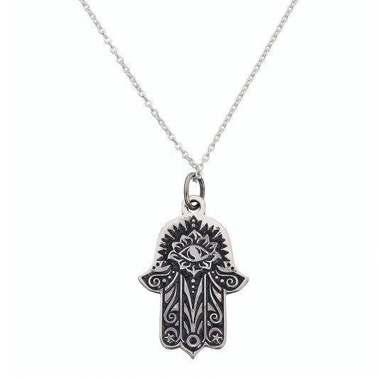 Oxidized Sterling Silver Hamsa Pendant | All-Seeing Eye in Lotus Design