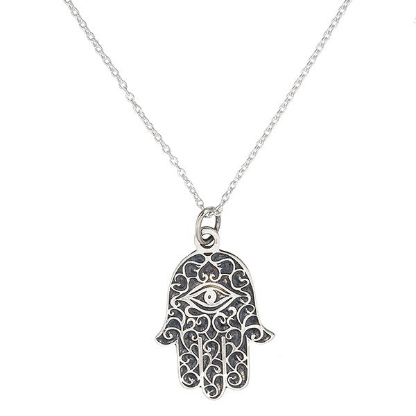 Polished Sterling Silver Hamsa Pendant | All-Seeing Eye on Filigree Black Background