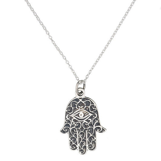 Polished Sterling Silver Hamsa Pendant | All-Seeing Eye on Filigree Black Background