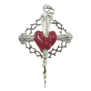 Crown of Thorns Cross & Sacred Heart Pendant | Oxidized Sterling Silver with Red Enamel