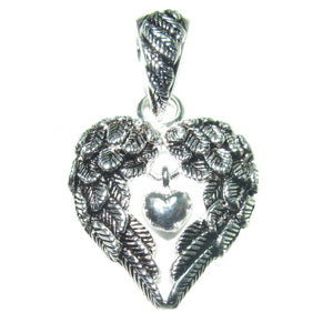 Angel Wings & Swaying Heart Pendant | Oxidized Sterling Silver