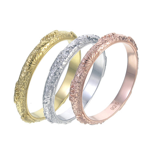 Alternating Leaf Motif Stacking Ring Set | Rose Gold, Yellow Gold & Silver
