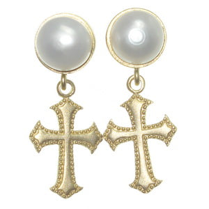 Renaissance Cross & Freshwater Mabe Pearl Drop Earrings | Gold-Plated Post