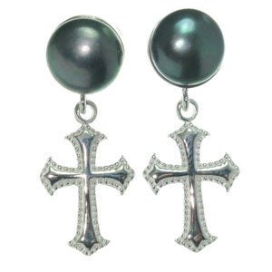 Renaissance Cross & Peacock Pearl Drop Earrings | High-Polish Sterling Silver Post