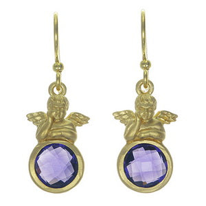 Gold-Plated Putti & Checkerboard Amethyst Drop Earrings | French Hook