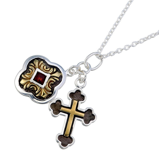 Double Cross Pendant | Tri-Plated Sterling Silver with Garnet-Colored Stone