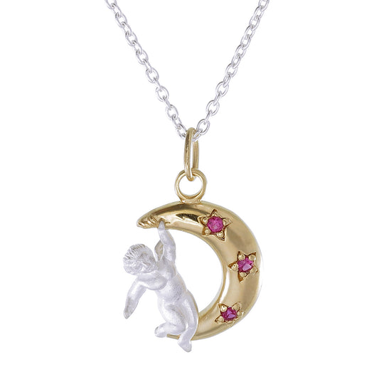 Crescent Moon Cherub Pendant – Gold Plated with Triple Stone Accent