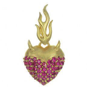 Devil Horn Heart Pendant | Gold-Plated with Ruby-Colored Stones & Flame Bale