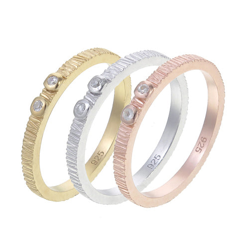 Cross Hatch & Bezel Set CZ Stacking Ring Set | Rose Gold, Yellow Gold & Silver