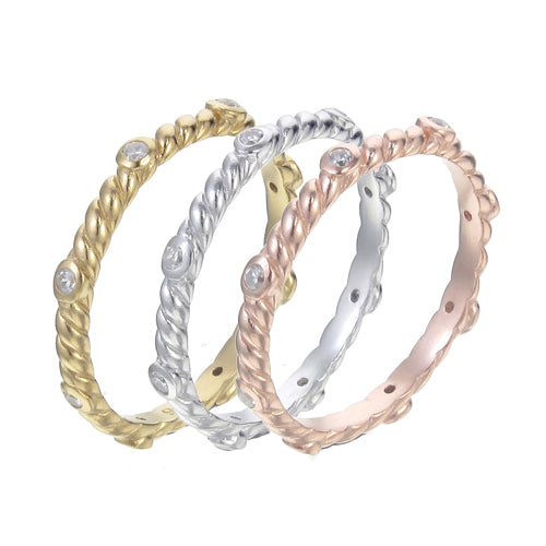 Twisted Rope & Bezel Set CZ Stacking Ring Set | Rose Gold, Yellow Gold & Silver