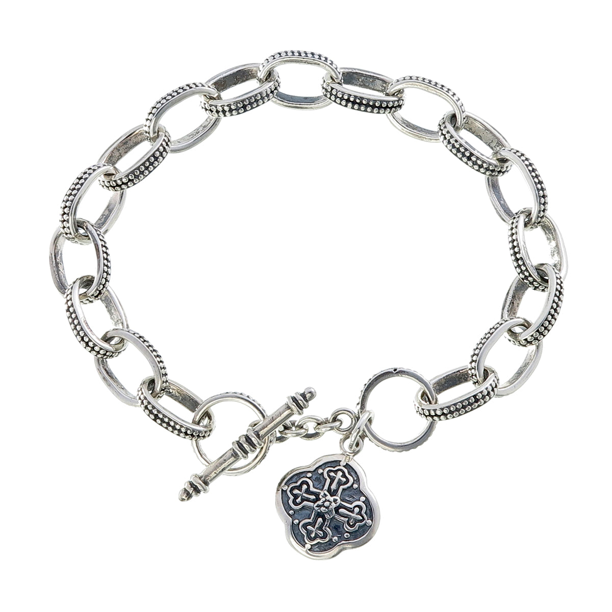 Pavé Link Bracelet | Oxidized Sterling Silver with Gothic Quadrefoil Cross