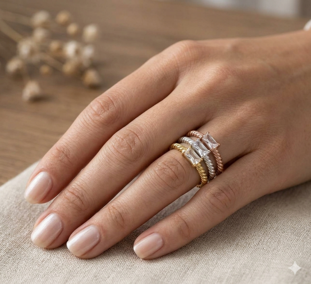Rope Style Band Single Rectangle CZ Stacking Ring